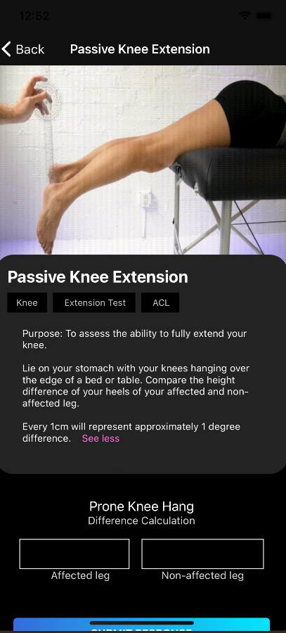 A Kinetix exercise screen for a passive knee extension test