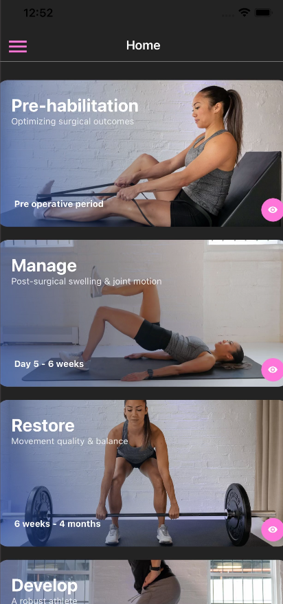 The Kinetix app home screen showing rehab phases